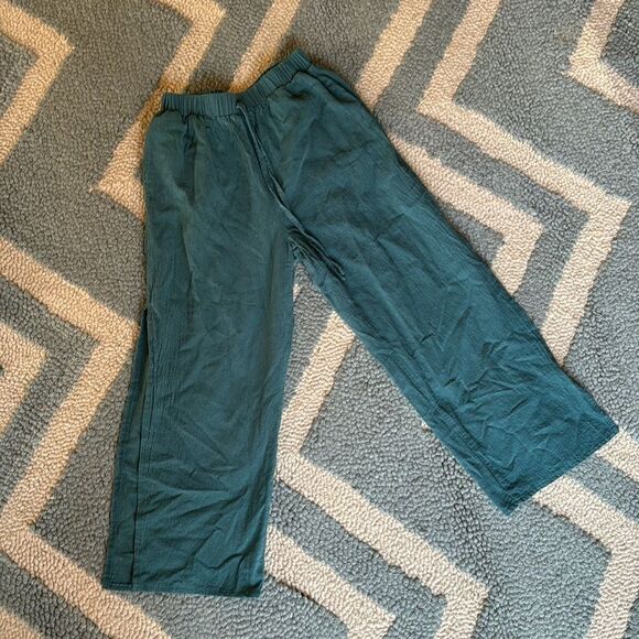 Shein Turquoise Split Leg Linen Pants Cropped Size Small Boho Hippie - Picture 2 of 7